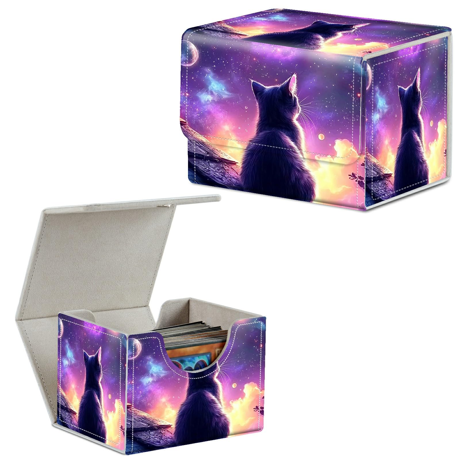 Card Deck Box Trading Cards Storage Box with Strong Magnet Premium Case Commander Deck Storage Cover for TCG CCG Magic Cards,Cat Face With Stars
