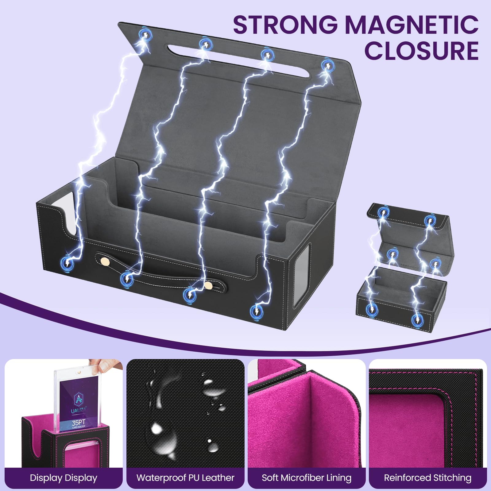 Card Deck Box for MTG with Commander Display, 5 in 1 Card Storage Box Fits 400+ Double-sleeved Cards, Deck Case for TCG Cards with Dividers, Dice Tray, Magnetic Card Holders, Black Purple