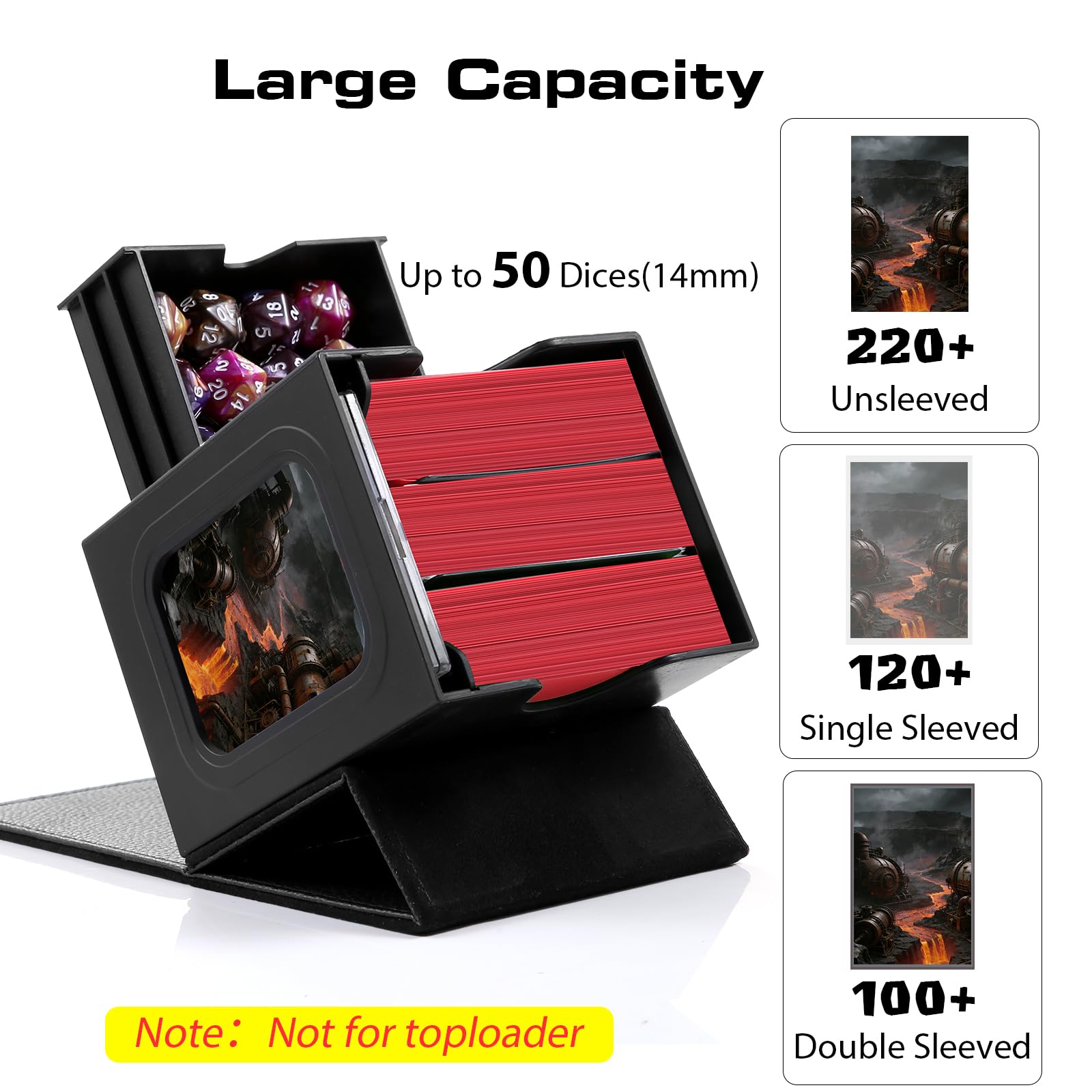 Patented MTG Commander DekBox, 100+ Double Sleeved Card Storage Box with Dice Tray, 35pt Card Holder & 2 Dividers - Magnetic Deck Case for TCG/CCG/Magic/Sports Cards, Black