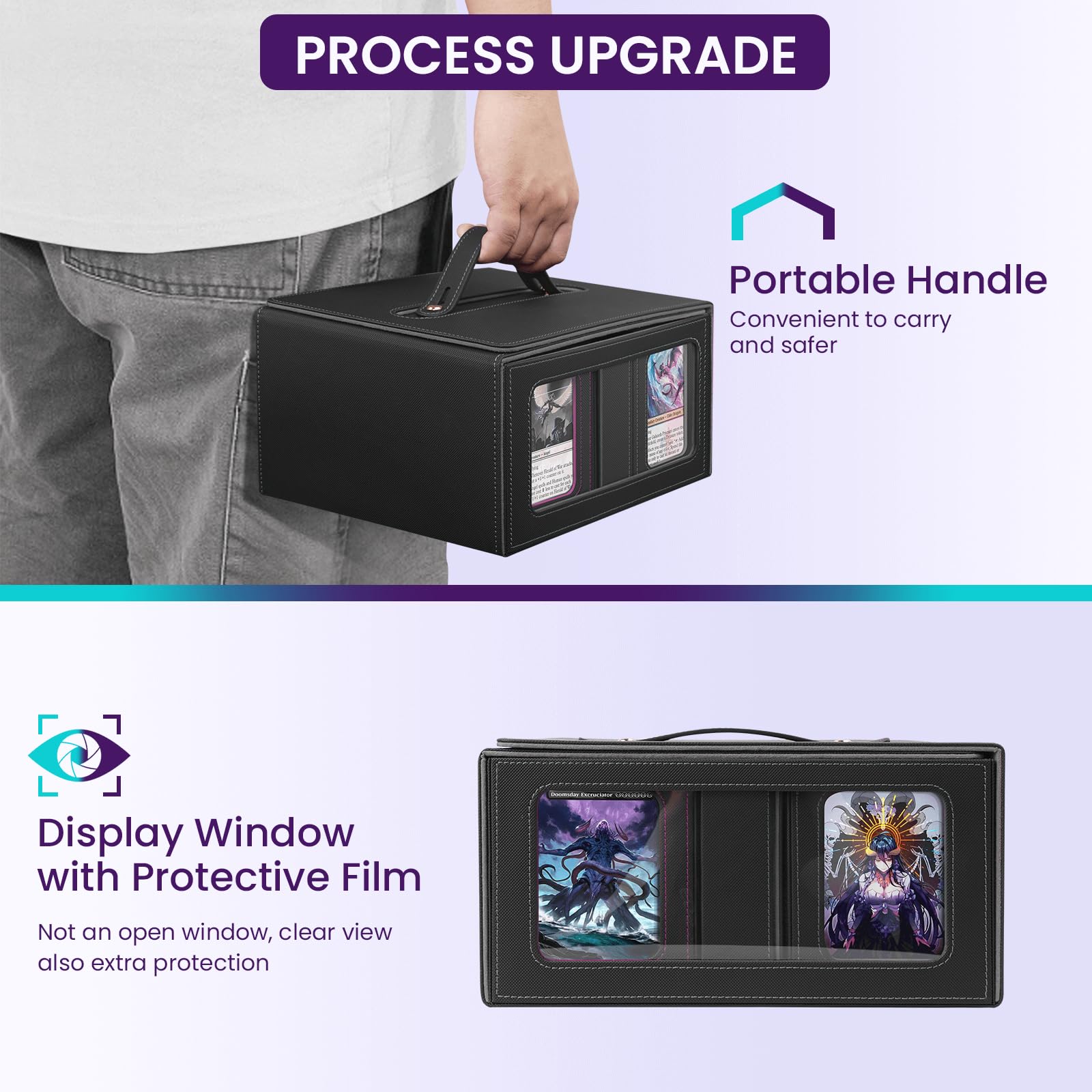 Card Deck Box for MTG with Commander Display, 5 in 1 Card Storage Box Fits 400+ Double-sleeved Cards, Deck Case for TCG Cards with Dividers, Dice Tray, Magnetic Card Holders, Black Purple