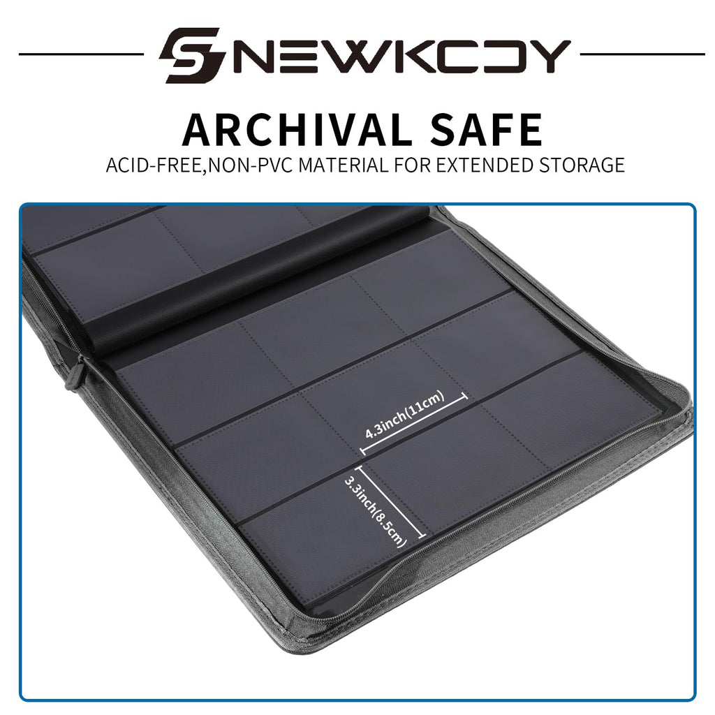 Snekdy Top loader Binder, 9 Pockets Top Loader，Holds 360 Top Loaders cards, Card binder with Sleeves for card in 3 x 4 inches color smooth Zipper PU Leather (Black)
