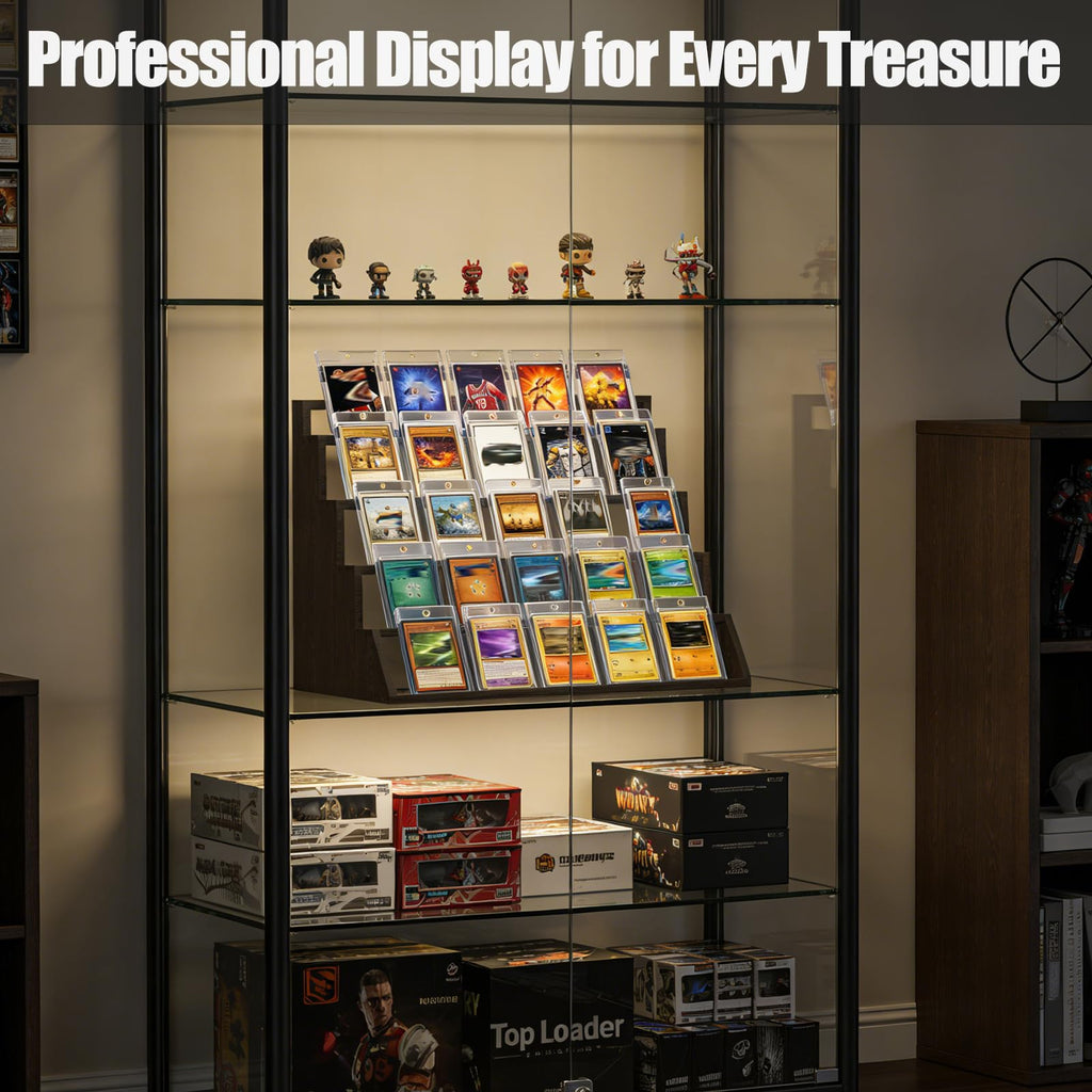 5 Tier Wooden Card Display Stand – Vertical Card Holder Display for Trading Cards, Game Cards, Sports Cards, Graded PSA/BGS/SGC, Baseball, Basketball&Football(Soccer) Card Stand, Desk & Shelf Organize,Black
