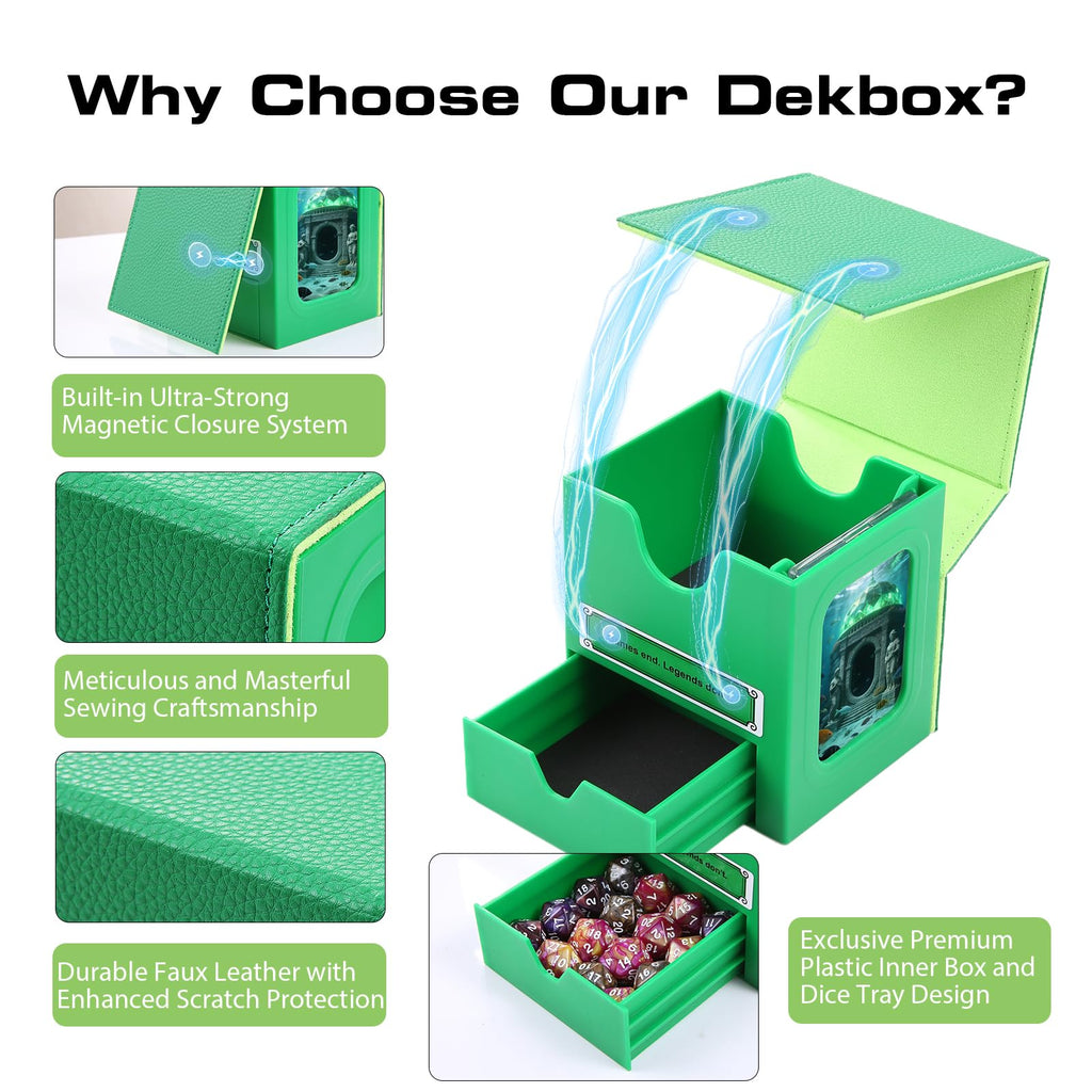 Patented MTG Commander DekBox, 100+ Double Sleeved Card Storage Box with Dice Tray, 35pt Card Holder & 2 Dividers - Magnetic Deck Case for TCG/CCG/Magic/Sports Cards, Black