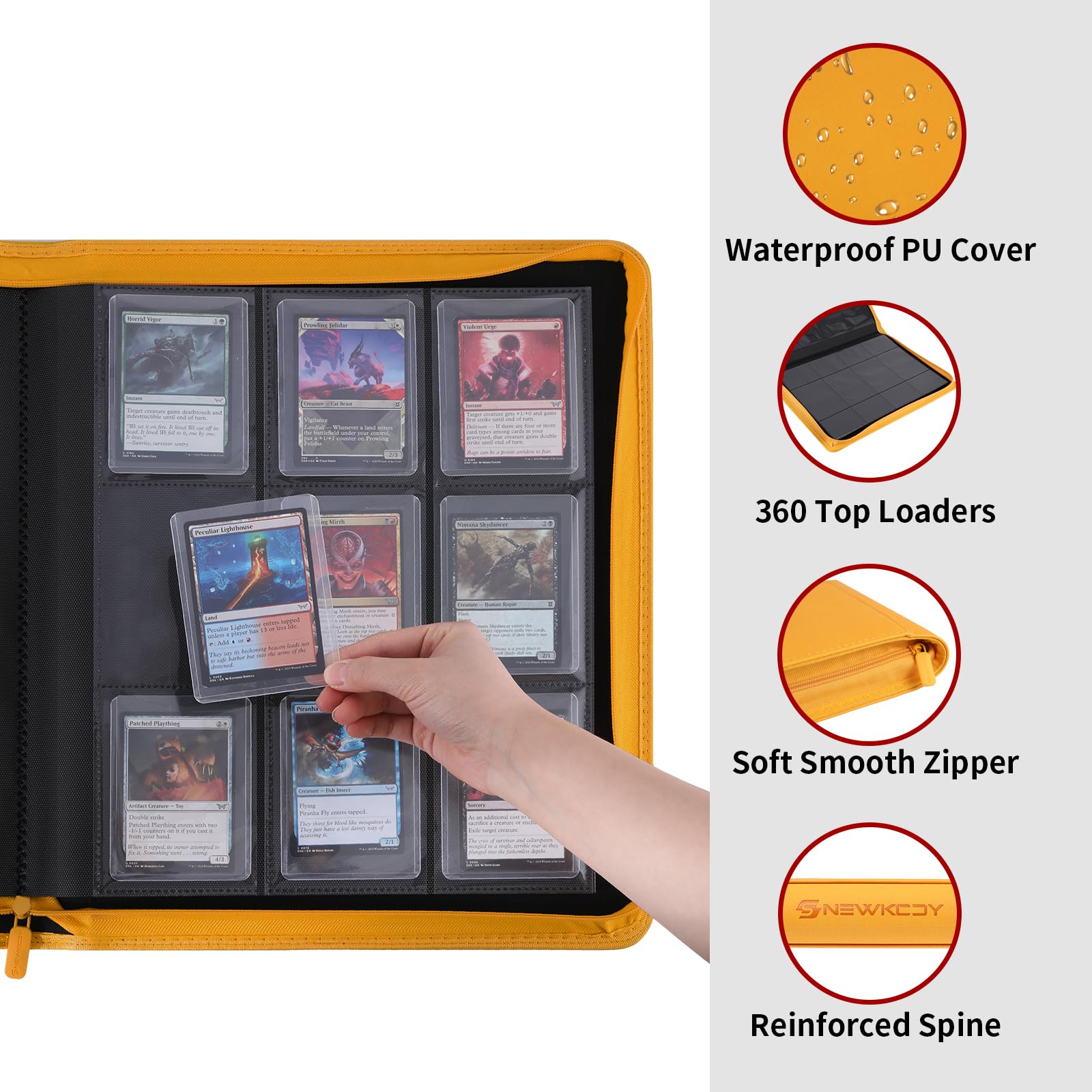 Snekdy Top loader Binder, 9 Pockets Top Loader，Holds 360 Top Loaders cards, Card binder with Sleeves for card in 3 x 4 inches color smooth Zipper PU Leather (Black)
