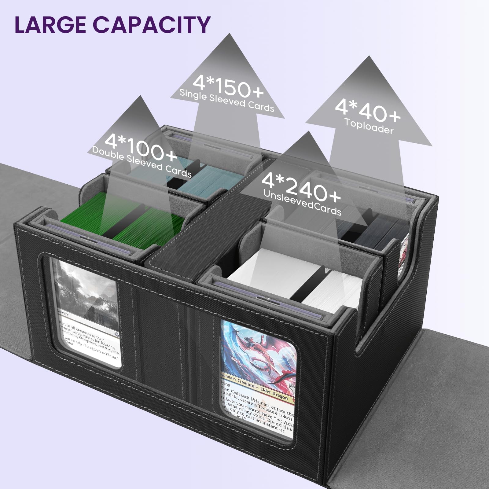 Card Deck Box for MTG with Commander Display, 5 in 1 Card Storage Box Fits 400+ Double-sleeved Cards, Deck Case for TCG Cards with Dividers, Dice Tray, Magnetic Card Holders, Black Purple