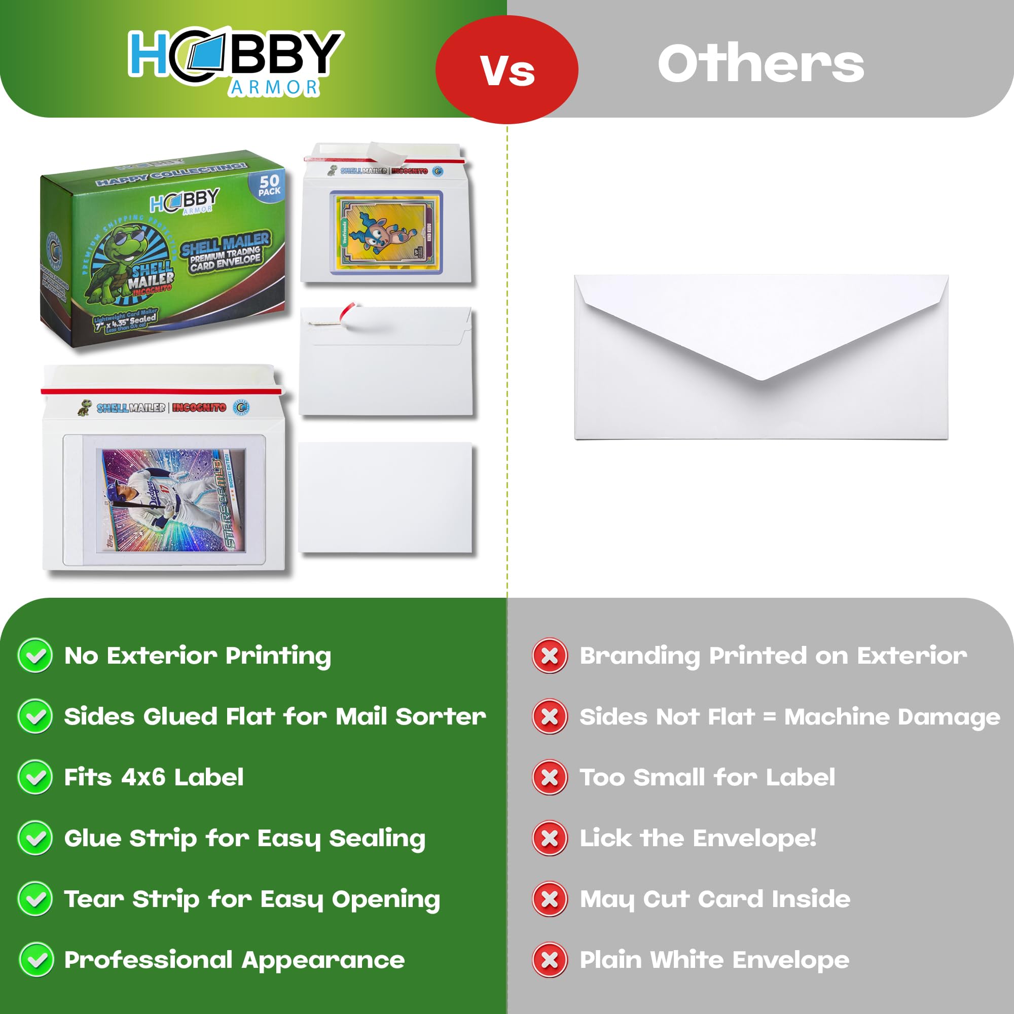 100 Pack Shell Mailer Incognito Trading Card Envelopes by Hobby Armor, 7" x 4.35" Trading Card Mailers for Shipping, Perfect Size Shipping Envelope for Mailing Cards in Semi-Rigid Holders & Toploaders