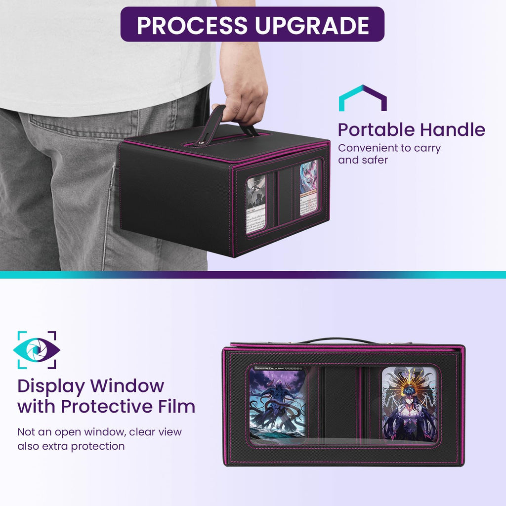 Card Deck Box for MTG with Commander Display, 5 in 1 Card Storage Box Fits 400+ Double-sleeved Cards, Deck Case for TCG Cards with Dividers, Dice Tray, Magnetic Card Holders, Black Purple