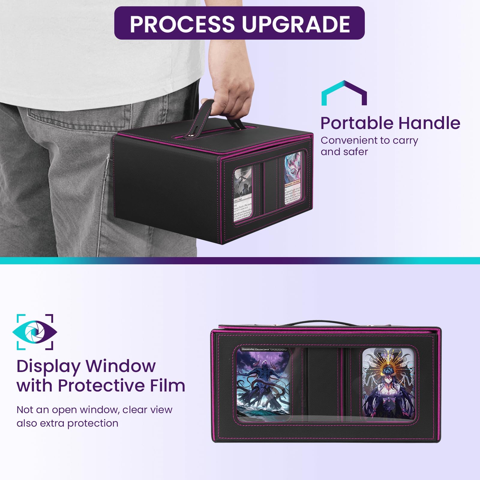 Card Deck Box for MTG with Commander Display, 5 in 1 Card Storage Box Fits 400+ Double-sleeved Cards, Deck Case for TCG Cards with Dividers, Dice Tray, Magnetic Card Holders, Black Purple