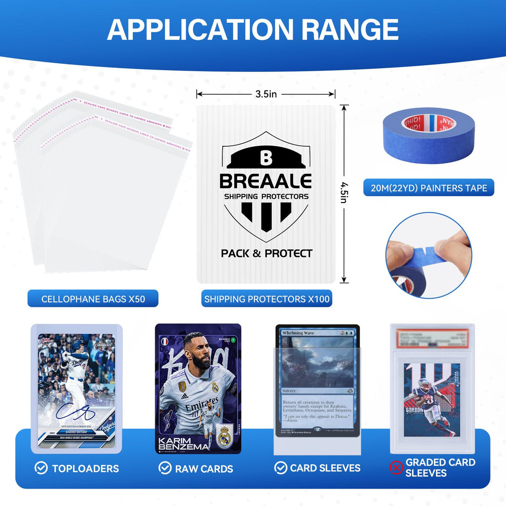 Trading Card Shipping Kit, Includes 100 4'' x 6'' Graded Card Shipping Protectors, 50 6'' x 8.7'' Envelope Bubble Mailers, 20M Painter’s Tape, 50 Cellophane Bags, PSA BGS CGC Slabs & Raw