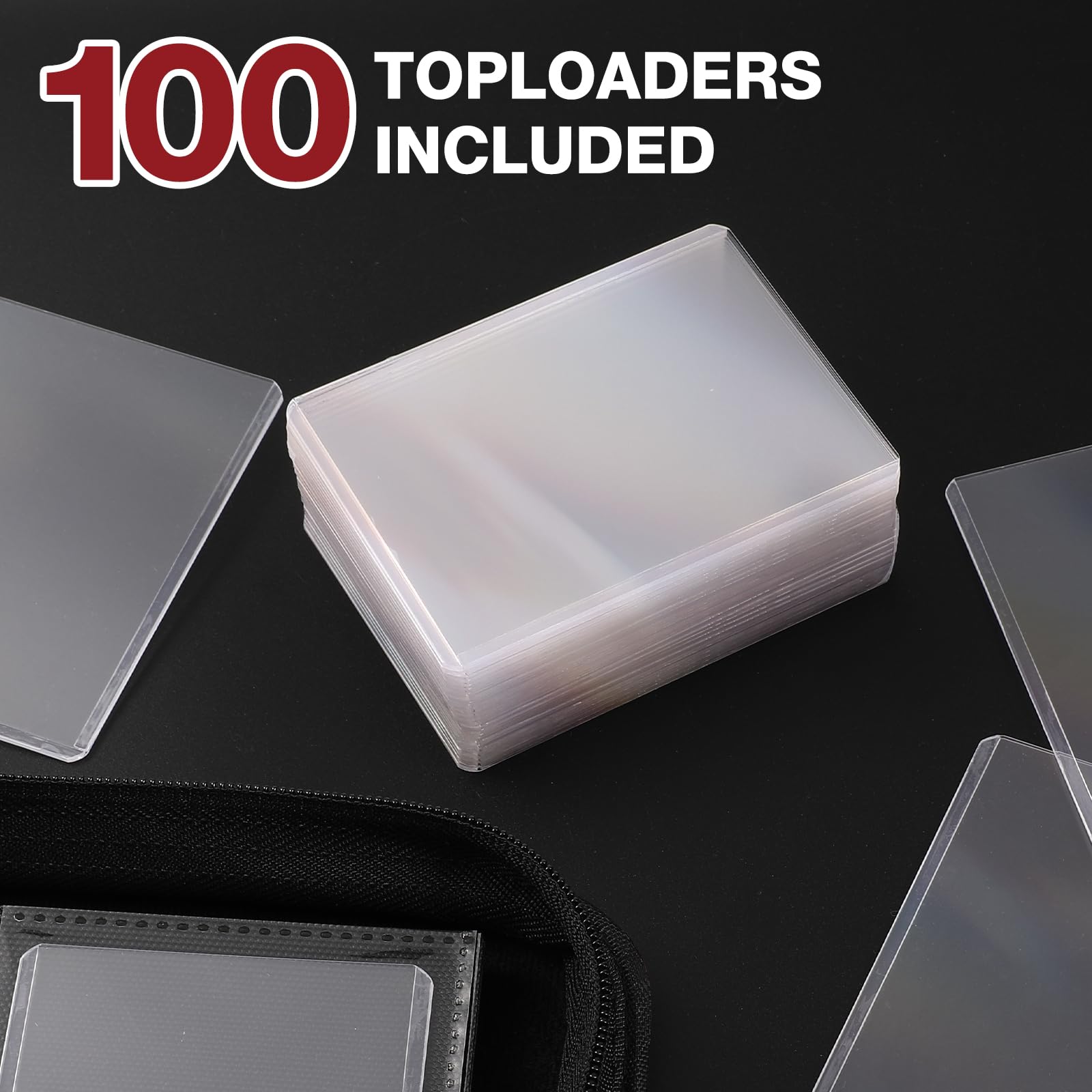 Toploader Binder, Holds 360 Toploader, 100 Toploaders INCLUDED, 9-Pocket PU Cover Top Loader Binder for 3" x 4" Rigid Toploaders, Ringless Double-Sided Toploader Card Binder for TCG, Sport Cards