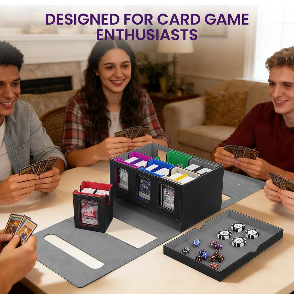Card Deck Box for MTG with Commander Display, 5 in 1 Card Storage Box Fits 400+ Double-sleeved Cards, Deck Case for TCG Cards with Dividers, Dice Tray, Magnetic Card Holders, Black Purple