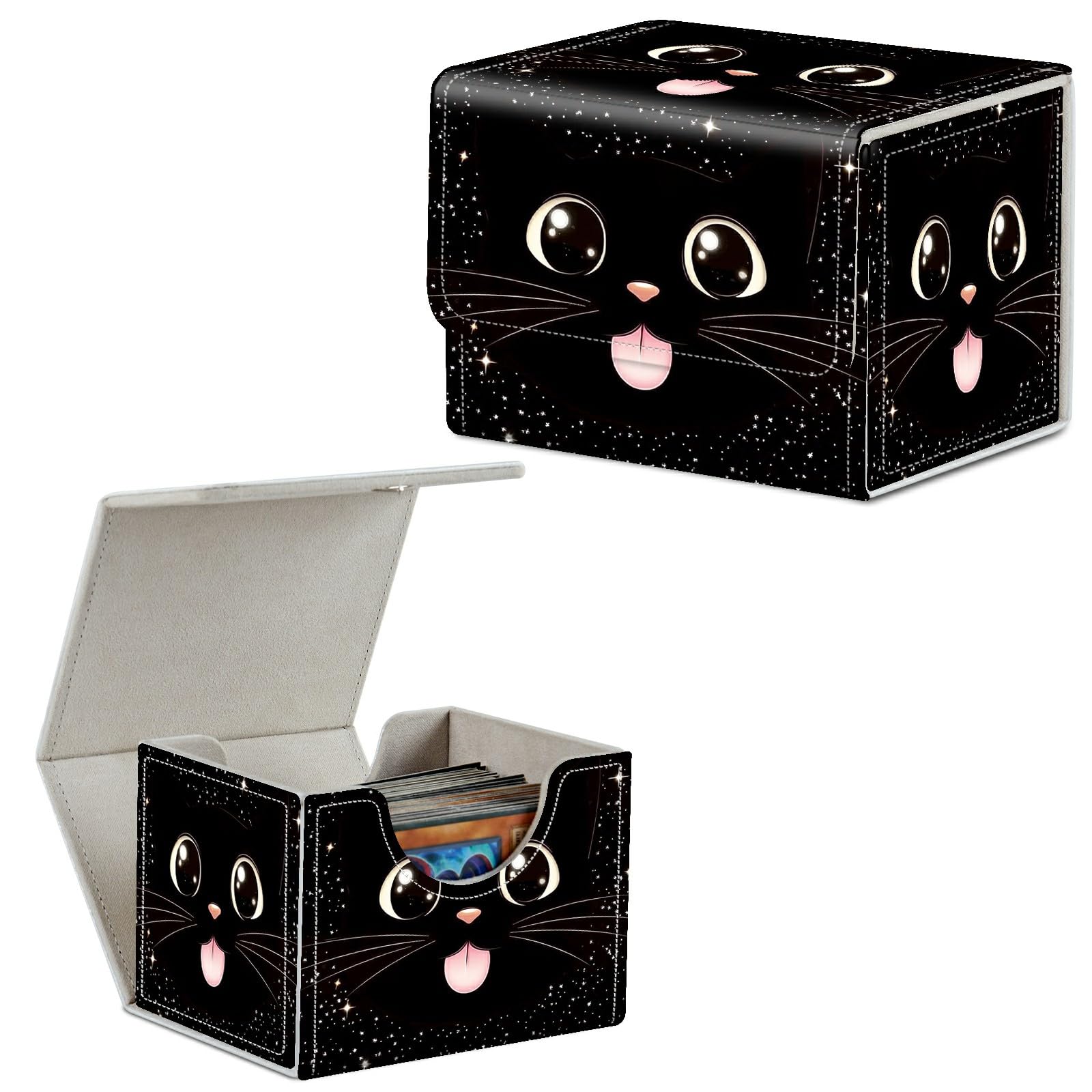 Card Deck Box Trading Cards Storage Box with Strong Magnet Premium Case Commander Deck Storage Cover for TCG CCG Magic Cards,Cat Face With Stars