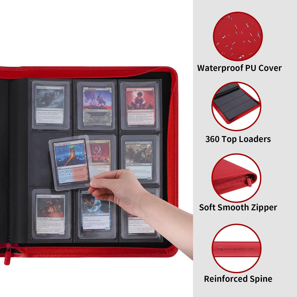 Snekdy Top loader Binder, 9 Pockets Top Loader，Holds 360 Top Loaders cards, Card binder with Sleeves for card in 3 x 4 inches color smooth Zipper PU Leather (Black)
