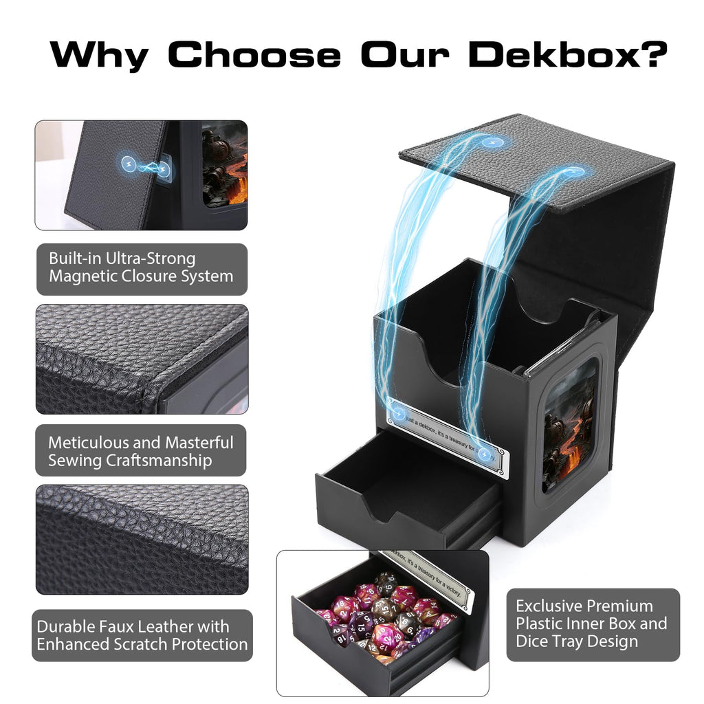 Patented MTG Commander DekBox, 100+ Double Sleeved Card Storage Box with Dice Tray, 35pt Card Holder & 2 Dividers - Magnetic Deck Case for TCG/CCG/Magic/Sports Cards, Black