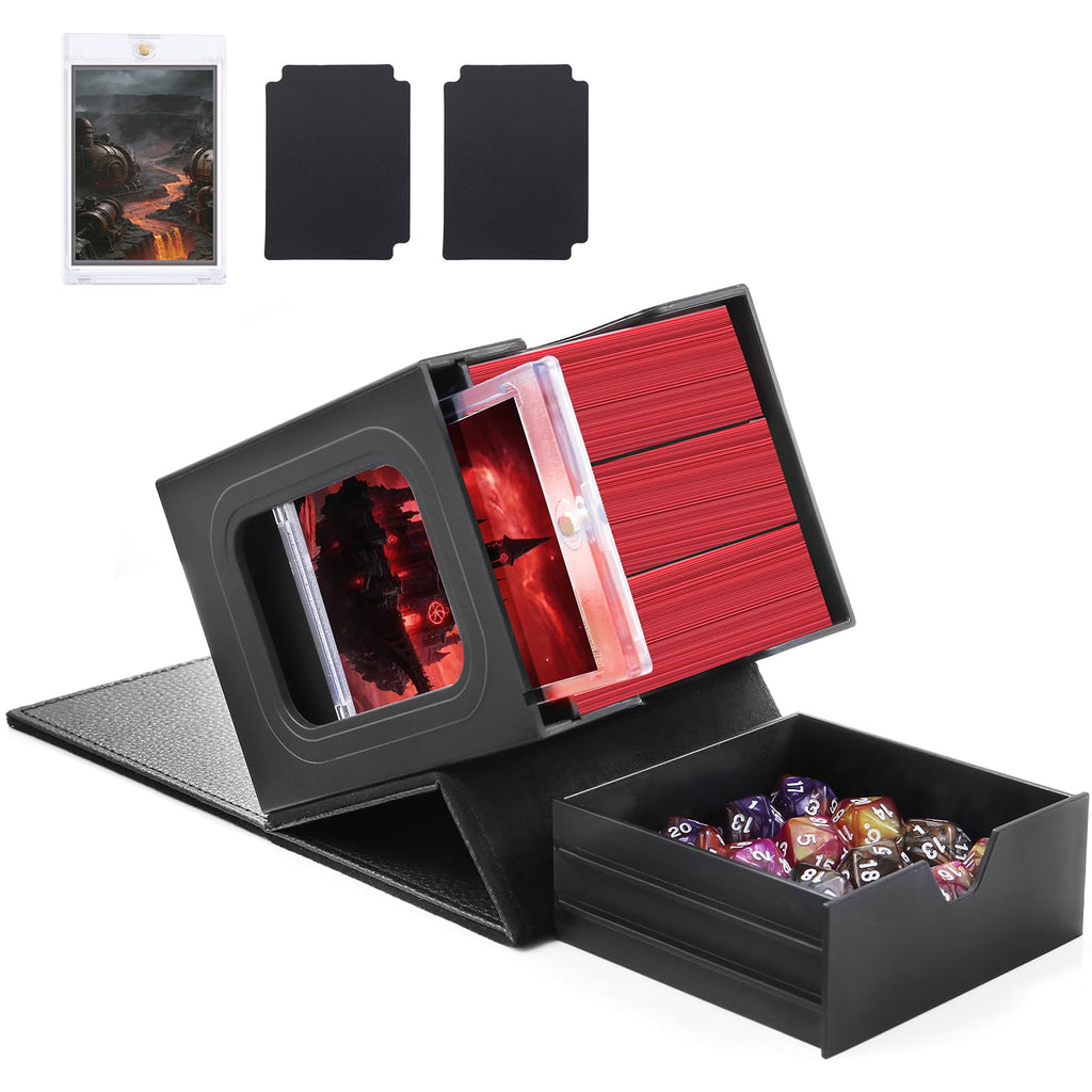 Patented MTG Commander DekBox, 100+ Double Sleeved Card Storage Box with Dice Tray, 35pt Card Holder & 2 Dividers - Magnetic Deck Case for TCG/CCG/Magic/Sports Cards, Black