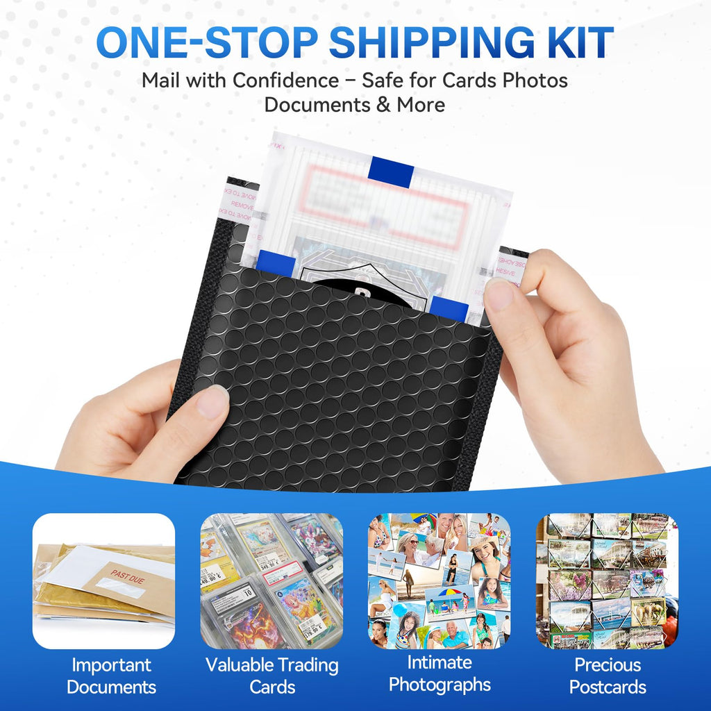 Trading Card Shipping Kit, Includes 100 4'' x 6'' Graded Card Shipping Protectors, 50 6'' x 8.7'' Envelope Bubble Mailers, 20M Painter’s Tape, 50 Cellophane Bags, PSA BGS CGC Slabs & Raw