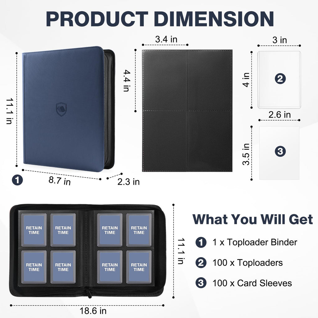 Toploader Binder, Holds 360 Toploader, 100 Toploaders INCLUDED, 9-Pocket PU Cover Top Loader Binder for 3" x 4" Rigid Toploaders, Ringless Double-Sided Toploader Card Binder for TCG, Sport Cards