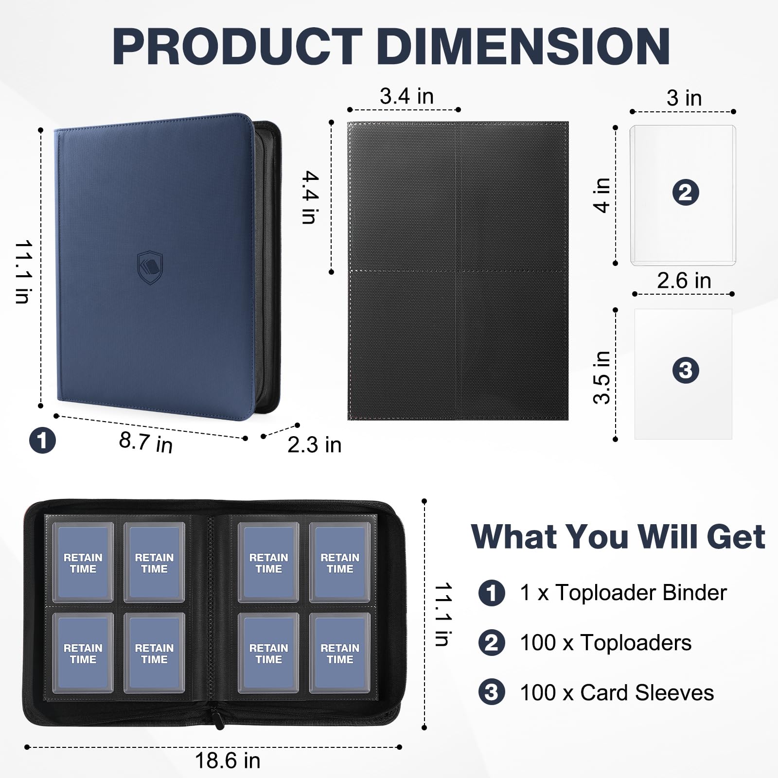 Toploader Binder, Holds 360 Toploader, 100 Toploaders INCLUDED, 9-Pocket PU Cover Top Loader Binder for 3" x 4" Rigid Toploaders, Ringless Double-Sided Toploader Card Binder for TCG, Sport Cards