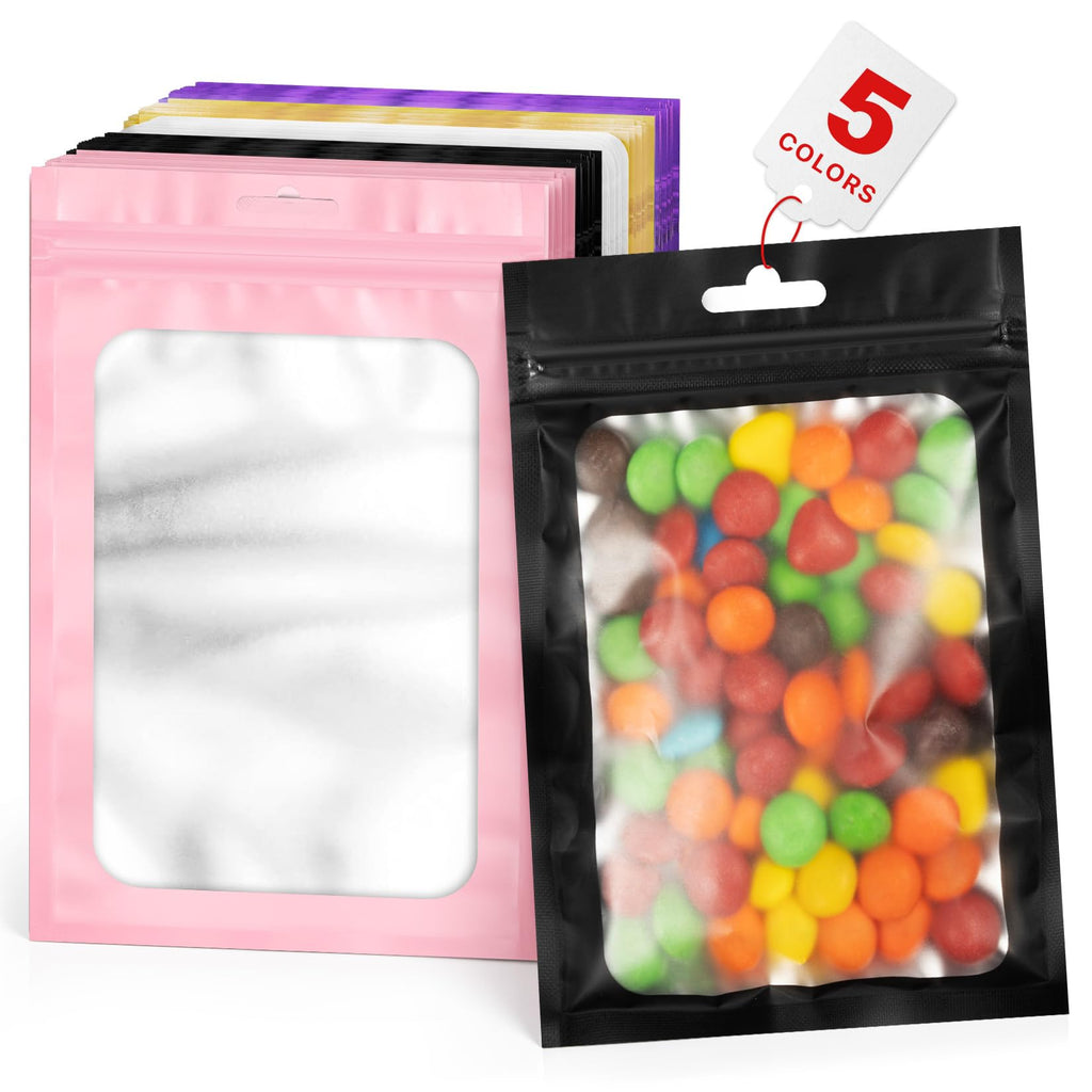 ANZNKU 100 Pack Black Resealable Mylar Bags with Frosted Clear Window, Smell Proof Sealable Packaging Bags for Small Business, Foil Pouch Zip Goodie Bag for Candy Treat Jewelry Party Favor(2.75×3.93")