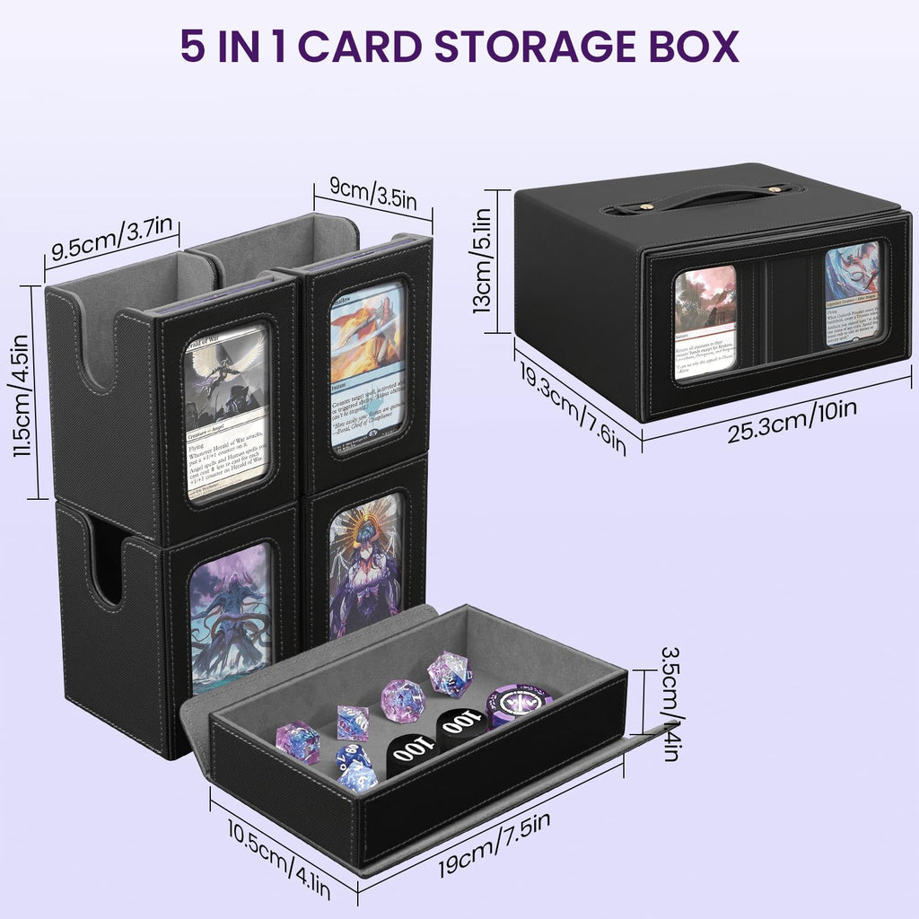Card Deck Box for MTG with Commander Display, 5 in 1 Card Storage Box Fits 400+ Double-sleeved Cards, Deck Case for TCG Cards with Dividers, Dice Tray, Magnetic Card Holders, Black Purple