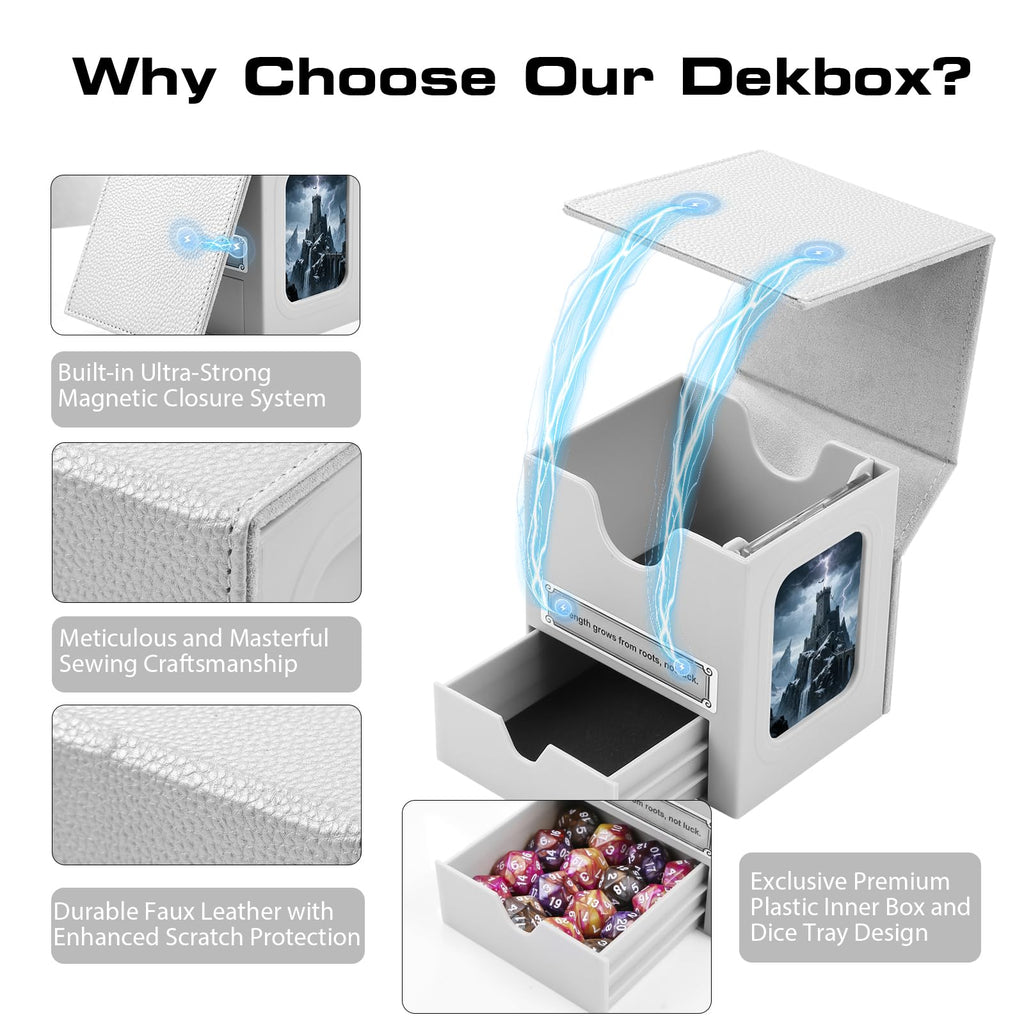 Patented MTG Commander DekBox, 100+ Double Sleeved Card Storage Box with Dice Tray, 35pt Card Holder & 2 Dividers - Magnetic Deck Case for TCG/CCG/Magic/Sports Cards, Black