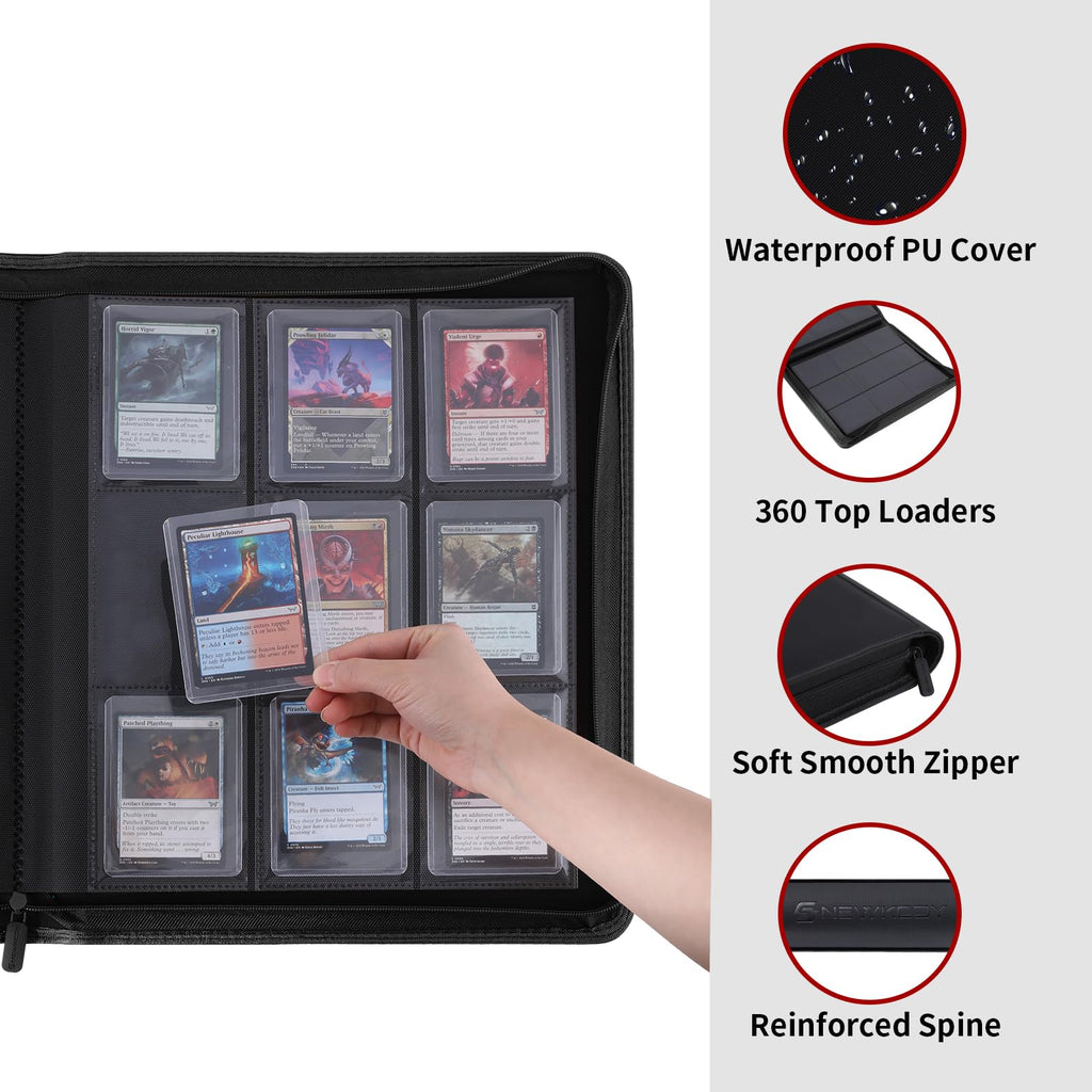 Snekdy Top loader Binder, 9 Pockets Top Loader，Holds 360 Top Loaders cards, Card binder with Sleeves for card in 3 x 4 inches color smooth Zipper PU Leather (Black)