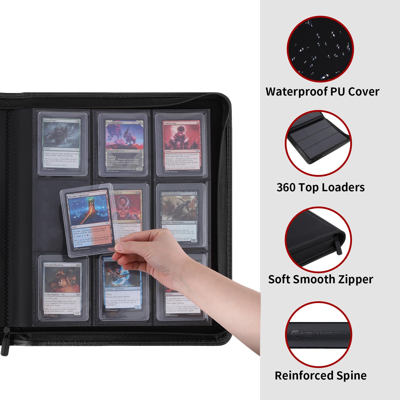Snekdy Top loader Binder, 9 Pockets Top Loader，Holds 360 Top Loaders cards, Card binder with Sleeves for card in 3 x 4 inches color smooth Zipper PU Leather (Black)