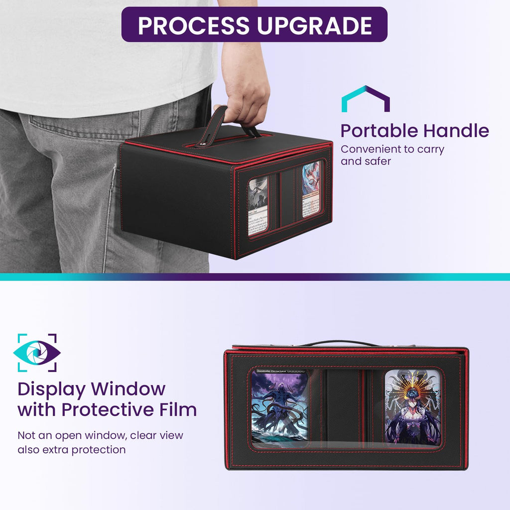 Card Deck Box for MTG with Commander Display, 5 in 1 Card Storage Box Fits 400+ Double-sleeved Cards, Deck Case for TCG Cards with Dividers, Dice Tray, Magnetic Card Holders, Black Purple