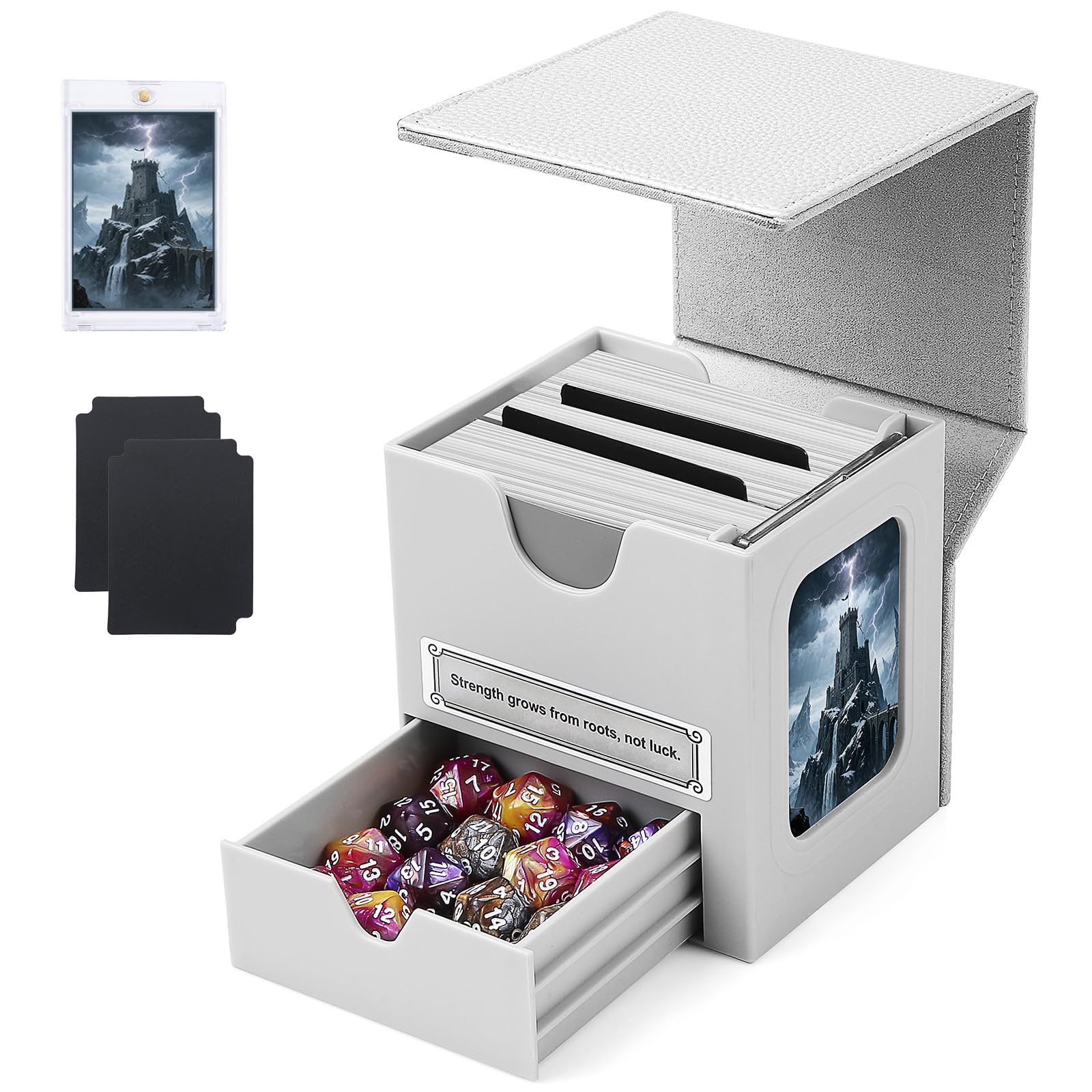 Patented MTG Commander DekBox, 100+ Double Sleeved Card Storage Box with Dice Tray, 35pt Card Holder & 2 Dividers - Magnetic Deck Case for TCG/CCG/Magic/Sports Cards, Black