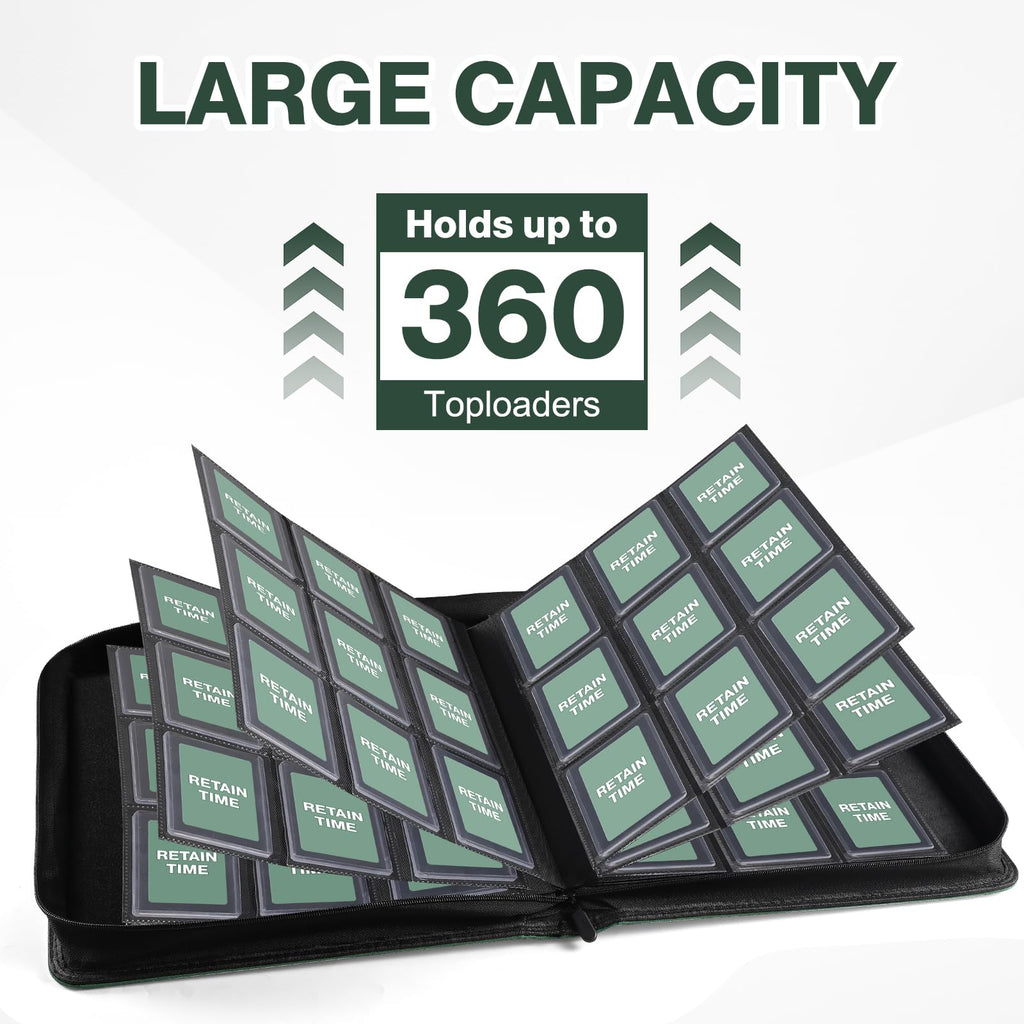 Toploader Binder, Holds 360 Toploader, 100 Toploaders INCLUDED, 9-Pocket PU Cover Top Loader Binder for 3" x 4" Rigid Toploaders, Ringless Double-Sided Toploader Card Binder for TCG, Sport Cards