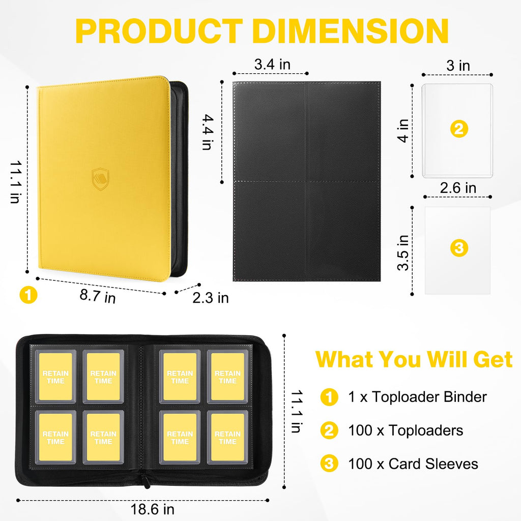 Toploader Binder, Holds 360 Toploader, 100 Toploaders INCLUDED, 9-Pocket PU Cover Top Loader Binder for 3" x 4" Rigid Toploaders, Ringless Double-Sided Toploader Card Binder for TCG, Sport Cards