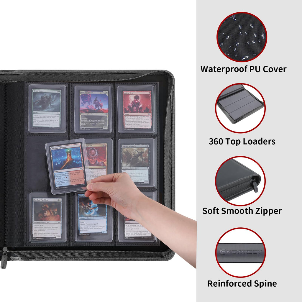 Snekdy Top loader Binder, 9 Pockets Top Loader，Holds 360 Top Loaders cards, Card binder with Sleeves for card in 3 x 4 inches color smooth Zipper PU Leather (Black)