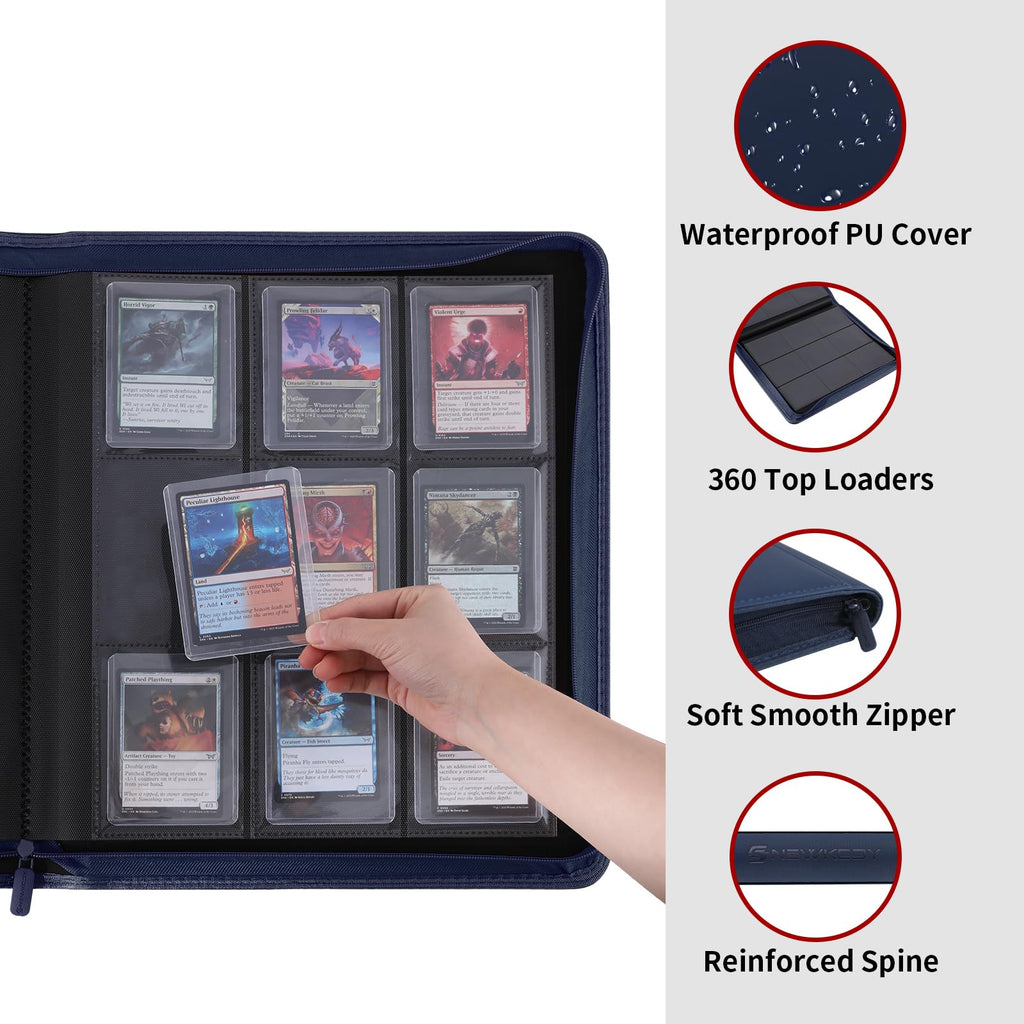 Snekdy Top loader Binder, 9 Pockets Top Loader，Holds 360 Top Loaders cards, Card binder with Sleeves for card in 3 x 4 inches color smooth Zipper PU Leather (Black)