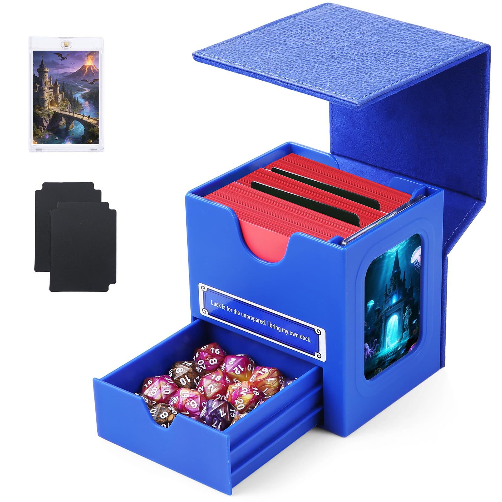 Patented MTG Commander DekBox, 100+ Double Sleeved Card Storage Box with Dice Tray, 35pt Card Holder & 2 Dividers - Magnetic Deck Case for TCG/CCG/Magic/Sports Cards, Black