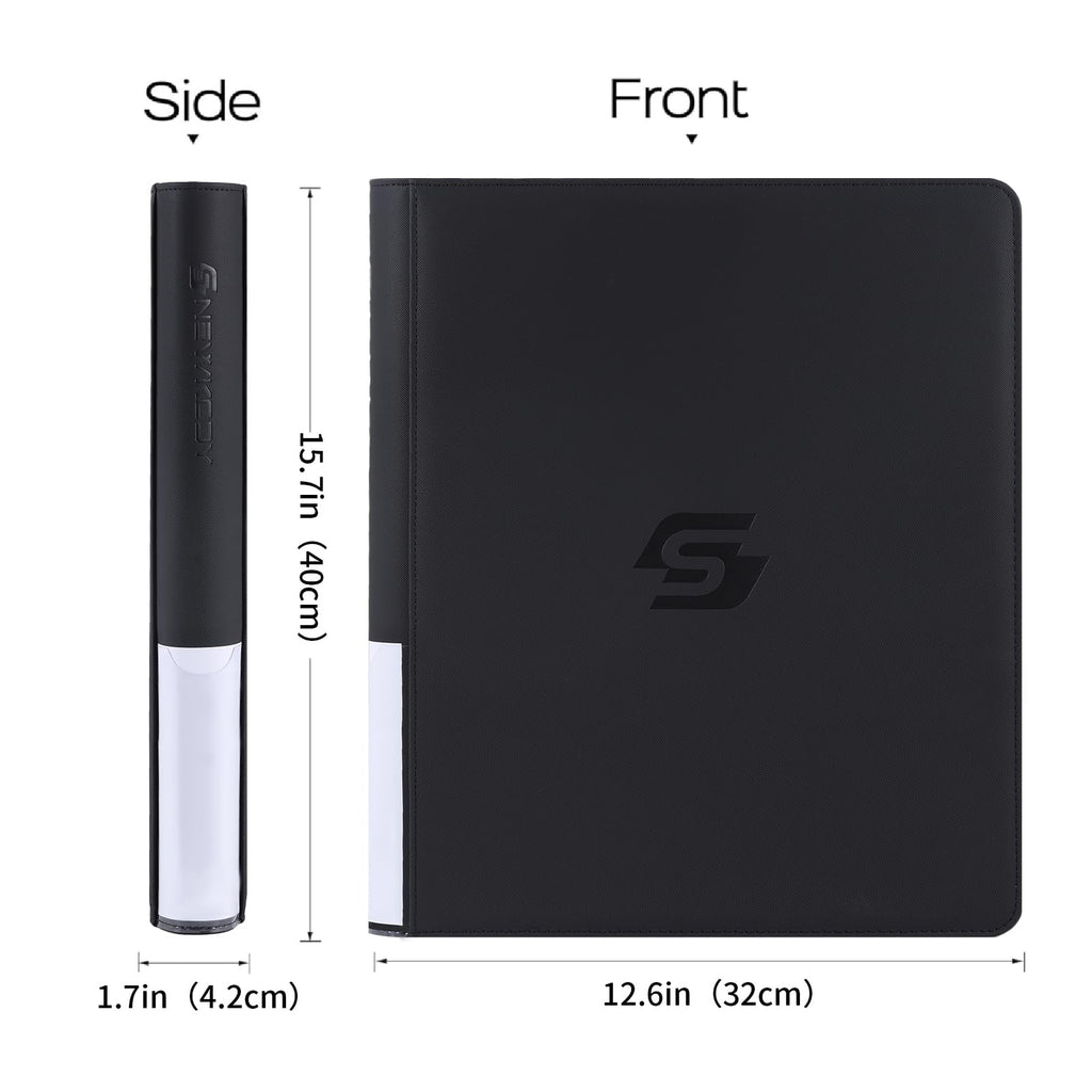 Snekdy Top loader Binder, 9 Pockets Top Loader，Holds 360 Top Loaders cards, Card binder with Sleeves for card in 3 x 4 inches color smooth Zipper PU Leather (Black)
