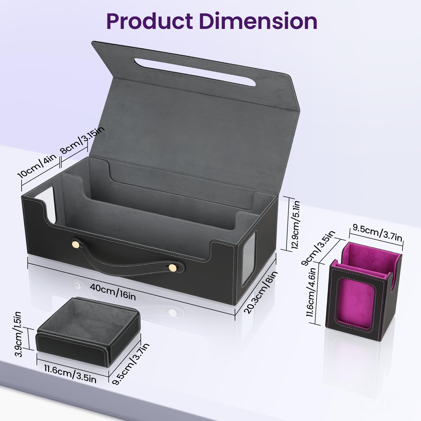 Card Deck Box for MTG with Commander Display, 5 in 1 Card Storage Box Fits 400+ Double-sleeved Cards, Deck Case for TCG Cards with Dividers, Dice Tray, Magnetic Card Holders, Black Purple