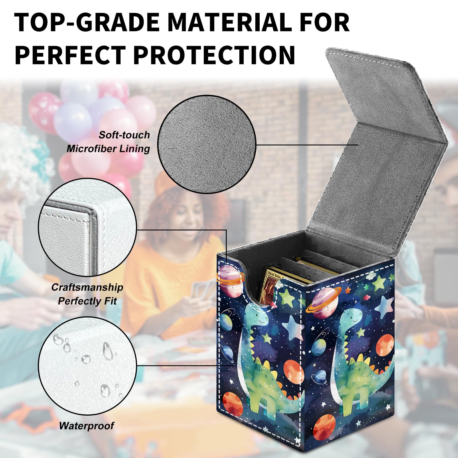 Card Deck Box for MTG Trading Cards, Magic Card Box Can Hold 110+ Single Sleeved Cards, Waterproof PU Leather Material, Strong Magnetic Buckle Card Set Box Suitable for TCG CCG, Astronaut Dinosaur