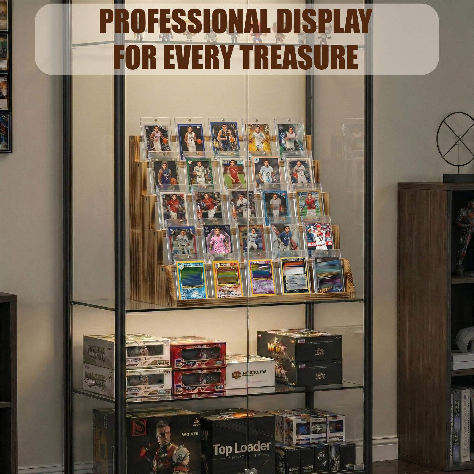 5 Tier Wooden Card Display Stand – Vertical Card Holder Display for Trading Cards, Game Cards, Sports Cards, Graded PSA/BGS/SGC, Baseball, Basketball&Football(Soccer) Card Stand, Desk & Shelf Organize,Black