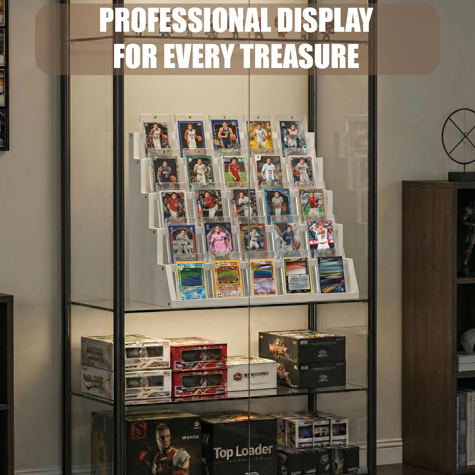 5 Tier Wooden Card Display Stand – Vertical Card Holder Display for Trading Cards, Game Cards, Sports Cards, Graded PSA/BGS/SGC, Baseball, Basketball&Football(Soccer) Card Stand, Desk & Shelf Organize,Black