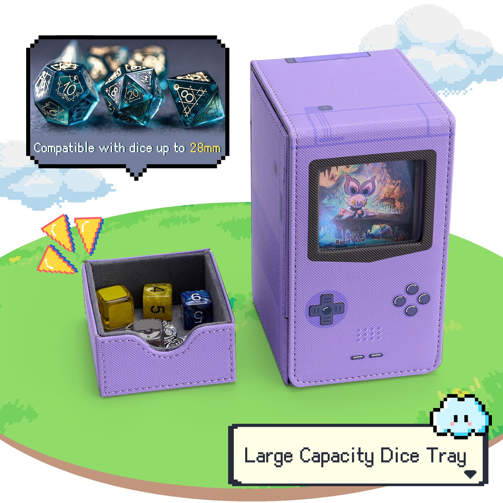 Venssu Retro Gaming Console MTG Deck Box with Dice Tray, Card Deck Case with Commander Display, PU Leather Card Storage Box Fit 120 Single Sleeved Cards, Compatible with TCG/PTCG (Blue)