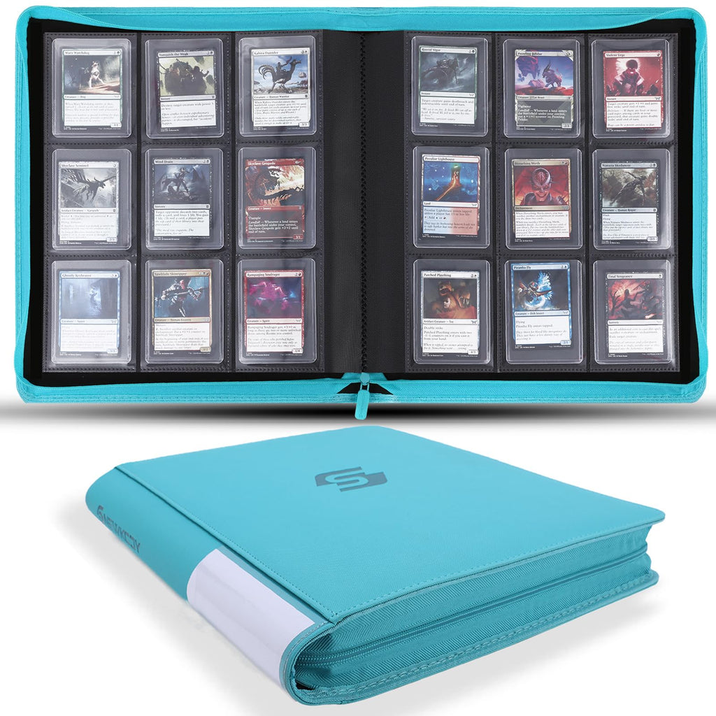 Snekdy Top loader Binder, 9 Pockets Top Loader，Holds 360 Top Loaders cards, Card binder with Sleeves for card in 3 x 4 inches color smooth Zipper PU Leather (Black)