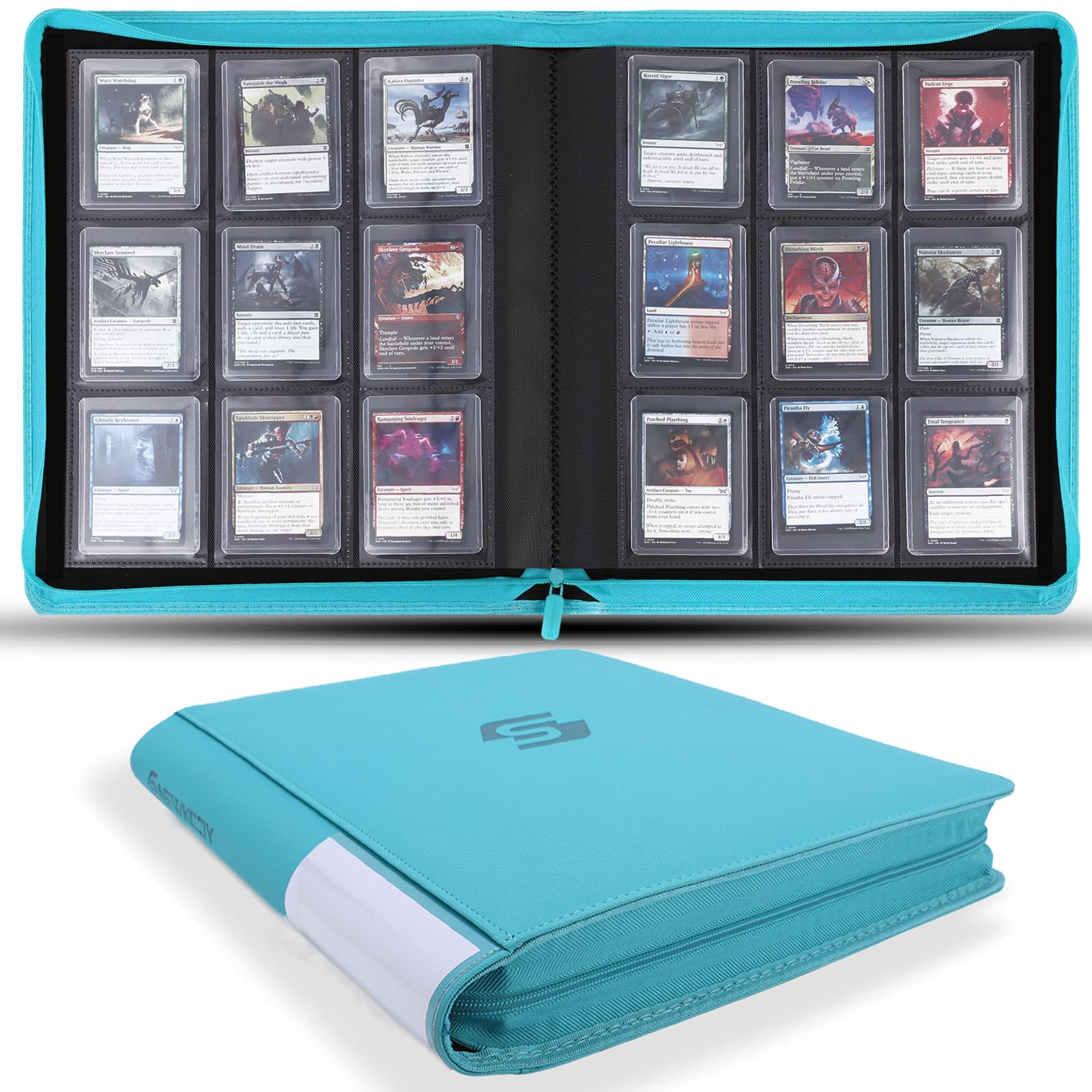 Snekdy Top loader Binder, 9 Pockets Top Loader，Holds 360 Top Loaders cards, Card binder with Sleeves for card in 3 x 4 inches color smooth Zipper PU Leather (Black)
