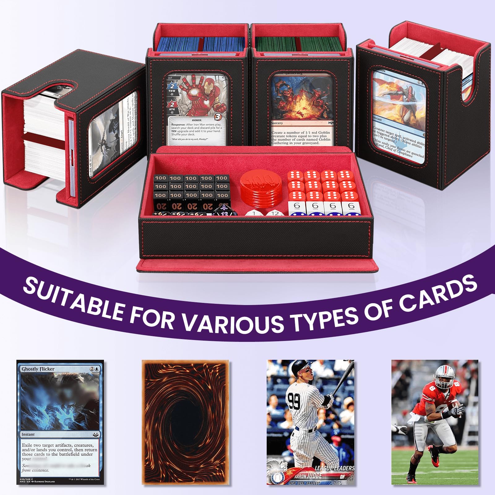 Card Deck Box for MTG with Commander Display, 5 in 1 Card Storage Box Fits 400+ Double-sleeved Cards, Deck Case for TCG Cards with Dividers, Dice Tray, Magnetic Card Holders, Black Purple