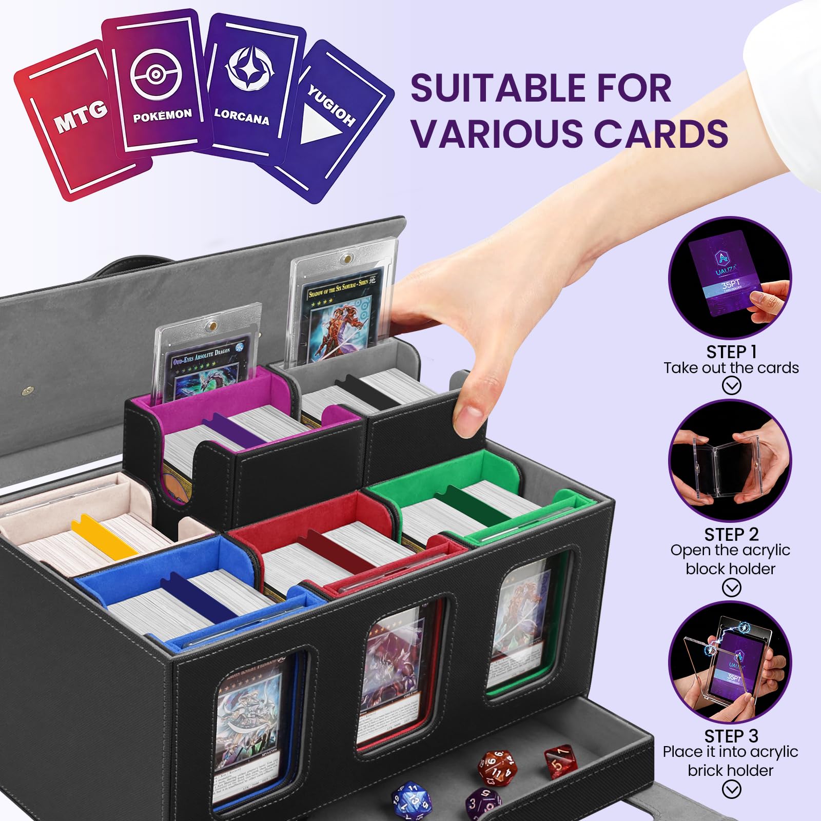 Card Deck Box for MTG with Commander Display, 5 in 1 Card Storage Box Fits 400+ Double-sleeved Cards, Deck Case for TCG Cards with Dividers, Dice Tray, Magnetic Card Holders, Black Purple