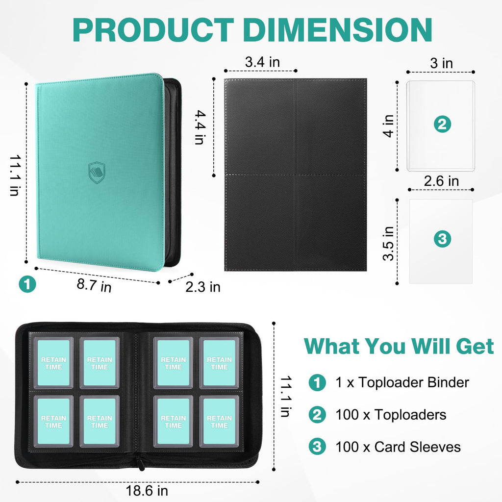 Toploader Binder, Holds 360 Toploader, 100 Toploaders INCLUDED, 9-Pocket PU Cover Top Loader Binder for 3" x 4" Rigid Toploaders, Ringless Double-Sided Toploader Card Binder for TCG, Sport Cards