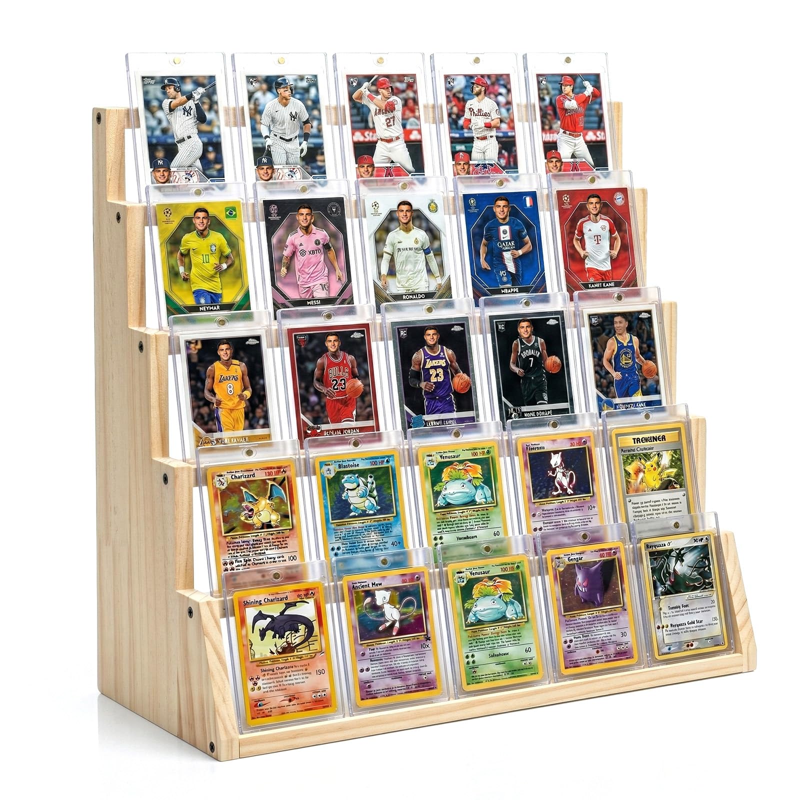 5 Tier Wooden Card Display Stand – Vertical Card Holder Display for Trading Cards, Game Cards, Sports Cards, Graded PSA/BGS/SGC, Baseball, Basketball&Football(Soccer) Card Stand, Desk & Shelf Organize,Black