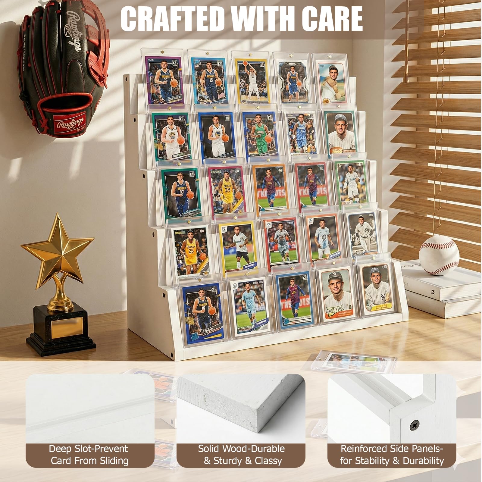 5 Tier Wooden Card Display Stand – Vertical Card Holder Display for Trading Cards, Game Cards, Sports Cards, Graded PSA/BGS/SGC, Baseball, Basketball&Football(Soccer) Card Stand, Desk & Shelf Organize,Black