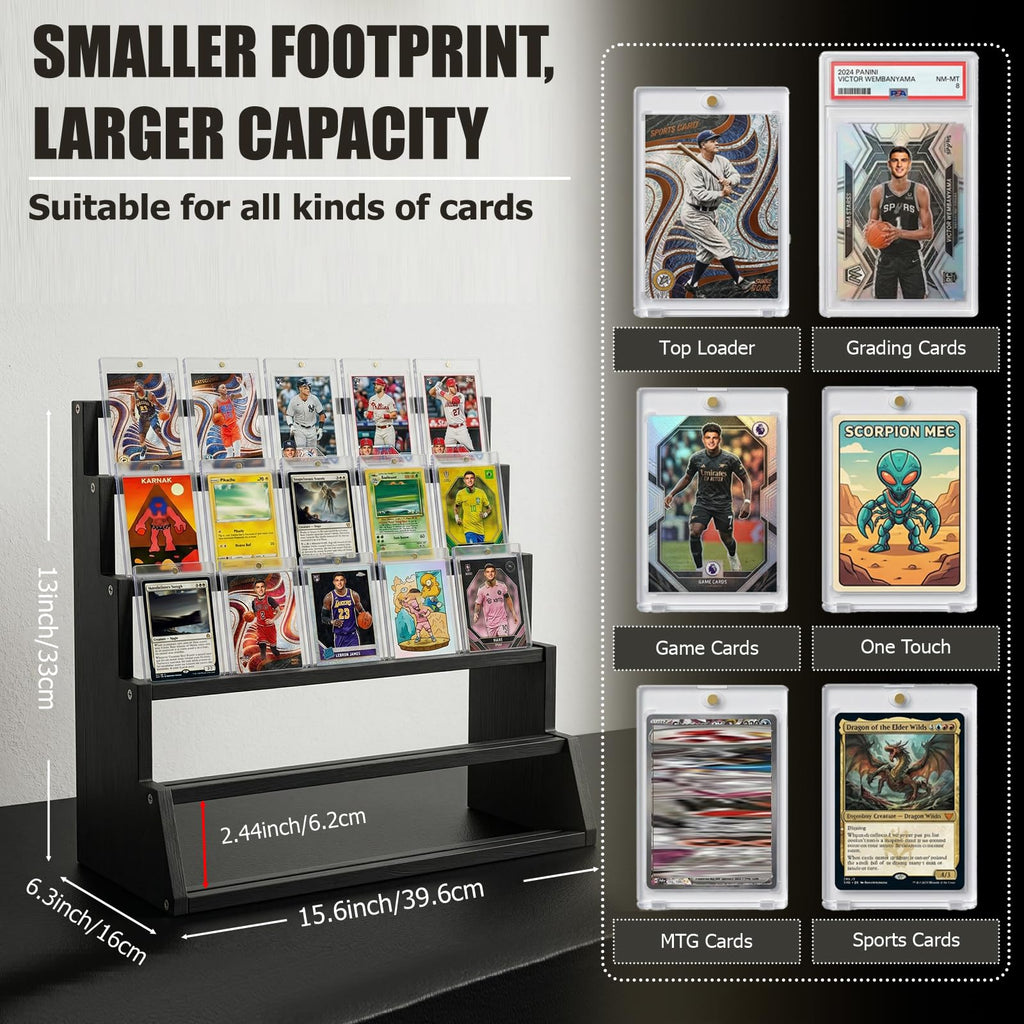 5 Tier Wooden Card Display Stand – Vertical Card Holder Display for Trading Cards, Game Cards, Sports Cards, Graded PSA/BGS/SGC, Baseball, Basketball&Football(Soccer) Card Stand, Desk & Shelf Organize,Black