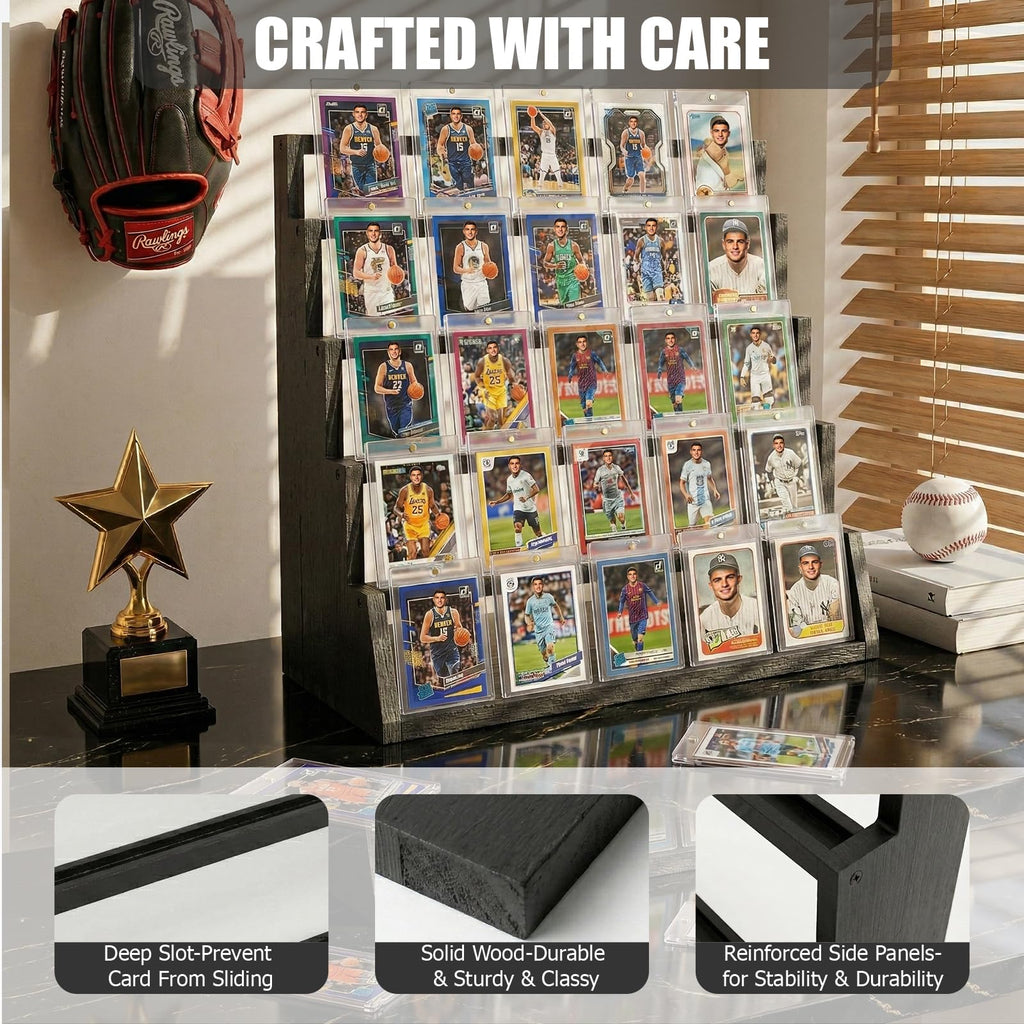5 Tier Wooden Card Display Stand – Vertical Card Holder Display for Trading Cards, Game Cards, Sports Cards, Graded PSA/BGS/SGC, Baseball, Basketball&Football(Soccer) Card Stand, Desk & Shelf Organize,Black