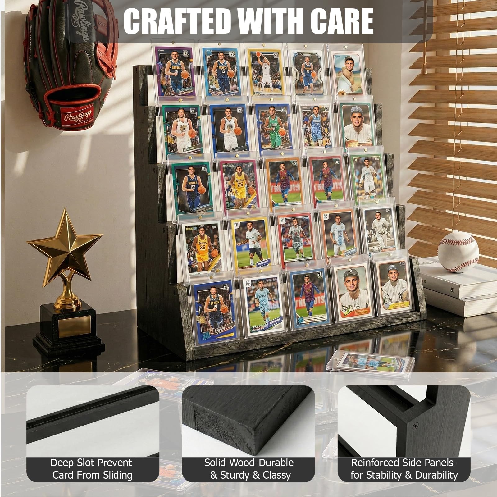 5 Tier Wooden Card Display Stand – Vertical Card Holder Display for Trading Cards, Game Cards, Sports Cards, Graded PSA/BGS/SGC, Baseball, Basketball&Football(Soccer) Card Stand, Desk & Shelf Organize,Black